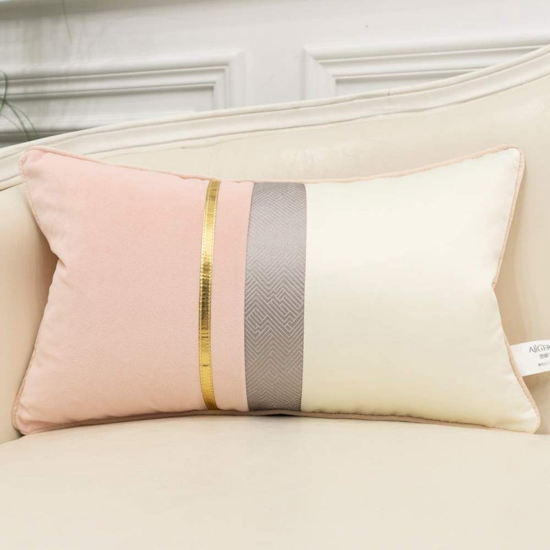 Avigers 12 x 20 Inches Pink White Gold Leather Striped Patchwork Velvet Cushion Case Luxury Modern Throw Pillow Cover Decorative Pillow for Couch Living Room Bedroom Car - Image 1